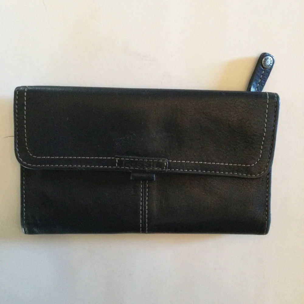 Fossil Black Genuine Leather Wallet Clutch Billfold Zip Area
